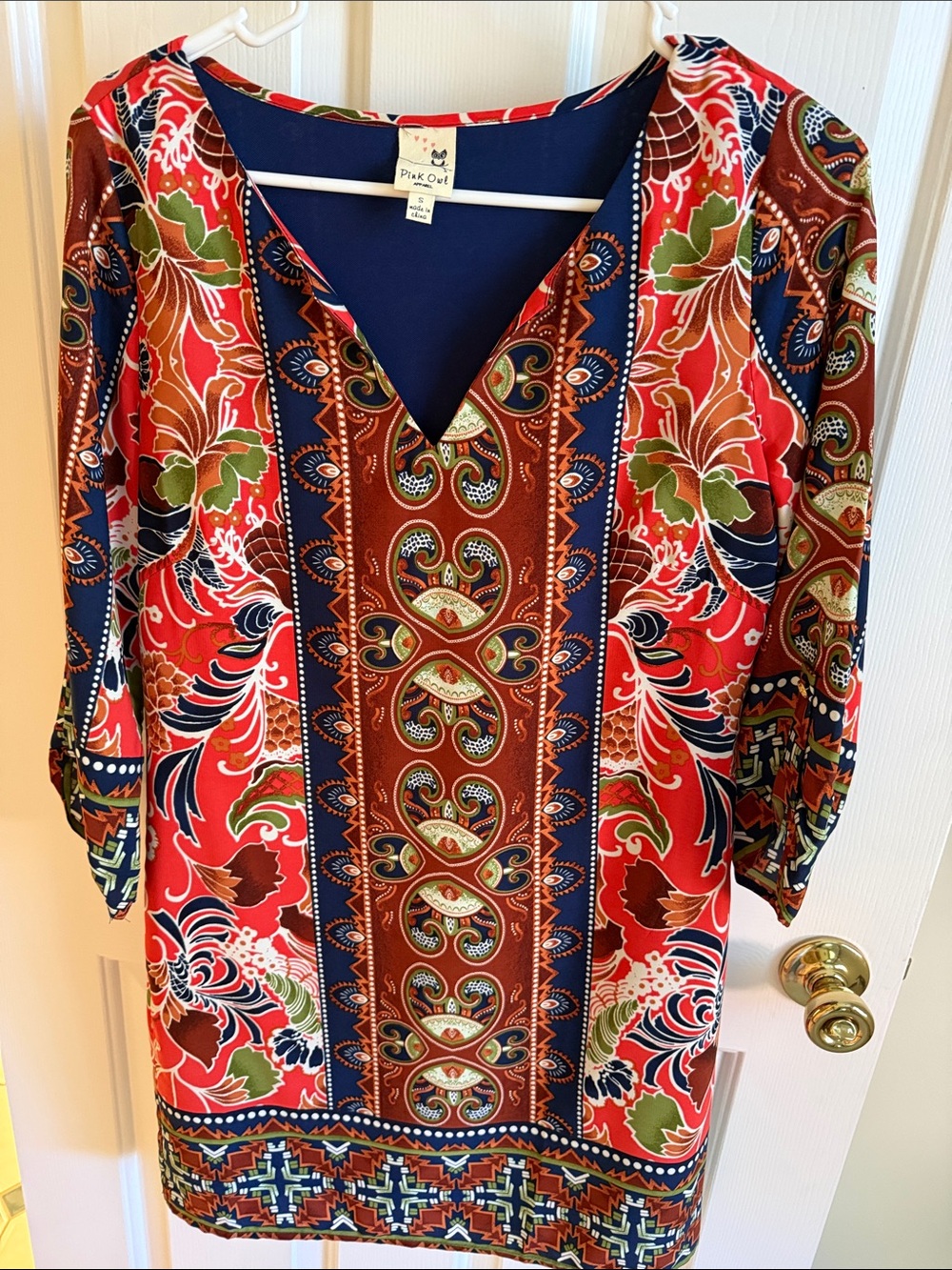 Pink Owl Red Paisley-Print V-Neck Tunic Dress
